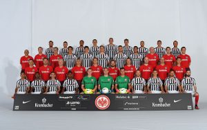 FRANKFURT AM MAIN, GERMANY - JULY 21: Fourth row (L-R) Haris Seferovic, Ante Rebic, Timothy Chandler, Johannes Flum, Alexander Meier, David Abraham, Luc Castaignos, Branimir Hrgota, Stefan Aigner, third row (L-R) Franco Lionti, Christoph Preuss, Rainer Falkenhain, Makoto Hasebe, Jesus Vallejo, Bastian Oczipka, Danny Blum, Omar Mascarell, Igor Semenov, Marcel Daum, Sebastian Zelichowski, second row (L-R) head coach Niko Kovac, assistant coach Robert Kovac, assistent coach Armin Reutershahn, goalkeepers coach Manfred Petz, Klaus Luiser, Wulf Schwietzer, Christoph Seeger, Maik Liesbrock, Daniel Rung, Koichi Kurokawa, first row (L-R) Marco Fabian, Taleb Tawatha, Mijat Gacinovic, Joel Gerezgiher, Leon Baetge, Lukas Hradecky, Heinz Lindner, Yanni Regaesel, Enis Bunjaki, Szabolcs Huszti and Marc Stendera pose during the Eintracht Frankfurt Team Presentation on July 21, 2016 in Frankfurt am Main, Germany. (Photo by Jan Huebner - Pool/Getty Images)